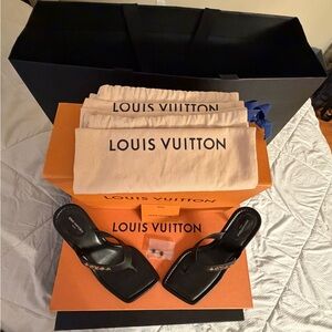 Louis Vuitton Black Leather Square-Toe Slide Sandals with Gold Accent